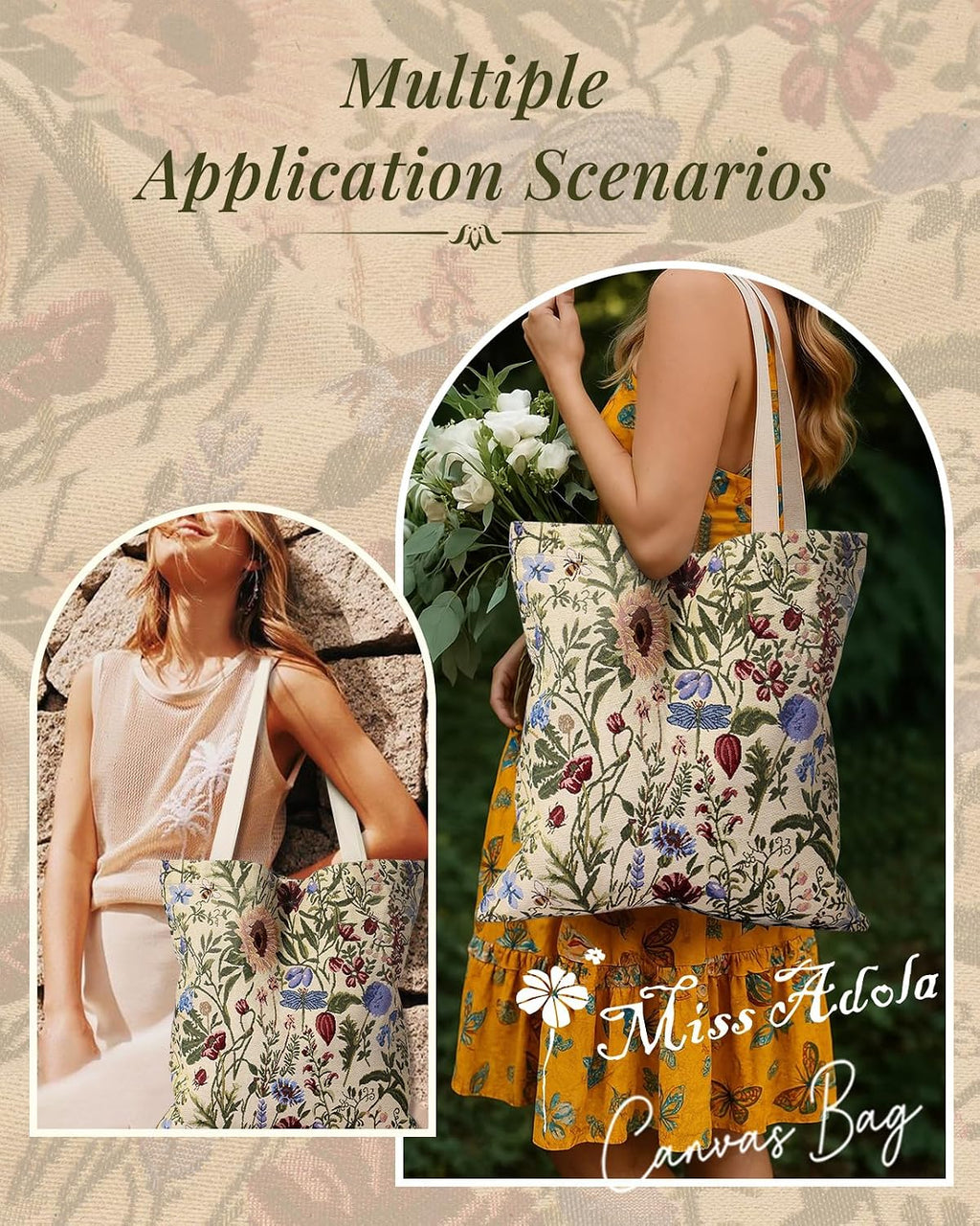 Miss Adola Embroidery Tote Bag for Women - Aesthetic Canvas Bag with Pocket Reusable ToteBag for Work Shopping