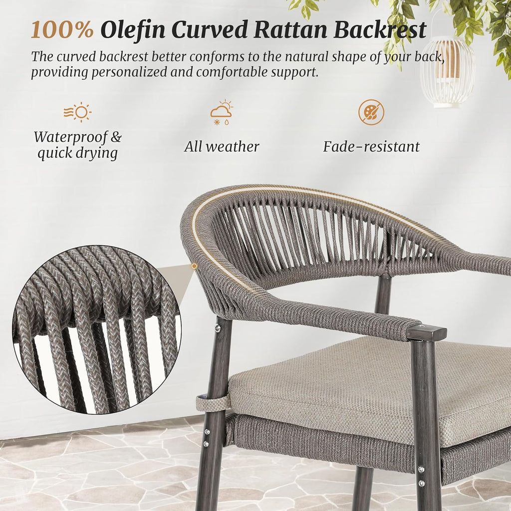 Cozyman Bar Stools Set of 4, 24.8'' Aluminum Outdoor Bar Stool with Removable Cushion, Boho Rattan BarStools, Olefin Rope Woven Bar Chairs with Footrest for Patio, Garden, Pool, Kitchen, Gray