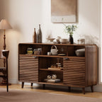 58 Inch Buffet Cabinet with Storage, Curved Buffet Sideboard w/2 Wave Doors, Open Storage Shelf, Adjustable Shelves, Wooden Coffee Bar Cabinet for Kitchen, Living Room, Walnut