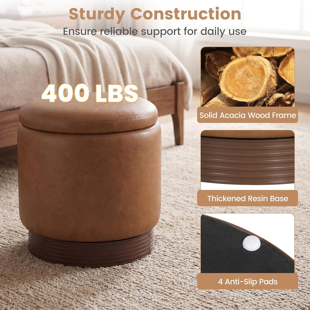 Giantex Round Ottoman with Storage, 360° Swivel Faux Leather Vanity Stool with Removable Lid & Acacia Wood Frame, Ottoman Foot Rest for Living Room, Bedroom, Makeup Room