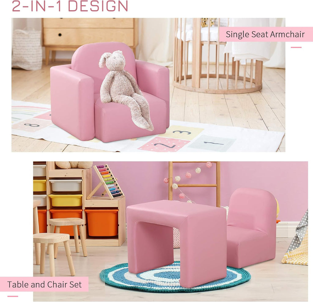 2 in 1 Multifunctional Sofa Convertible Table and Chair Set for 3 Years Old Boys Girls, Pink