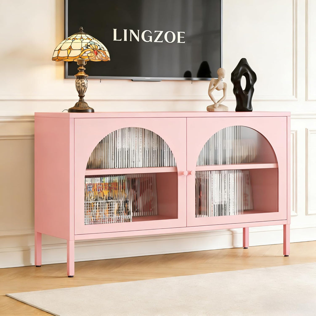 Metal TV Stand, Accent Storage Cabinet with 2 Acrylic Doors, Pink Locker Cabinet with Adjustable Shelf, Side Cabinet for Home,Office,Entryway,Dining/Living Room,Bedroom,Pink