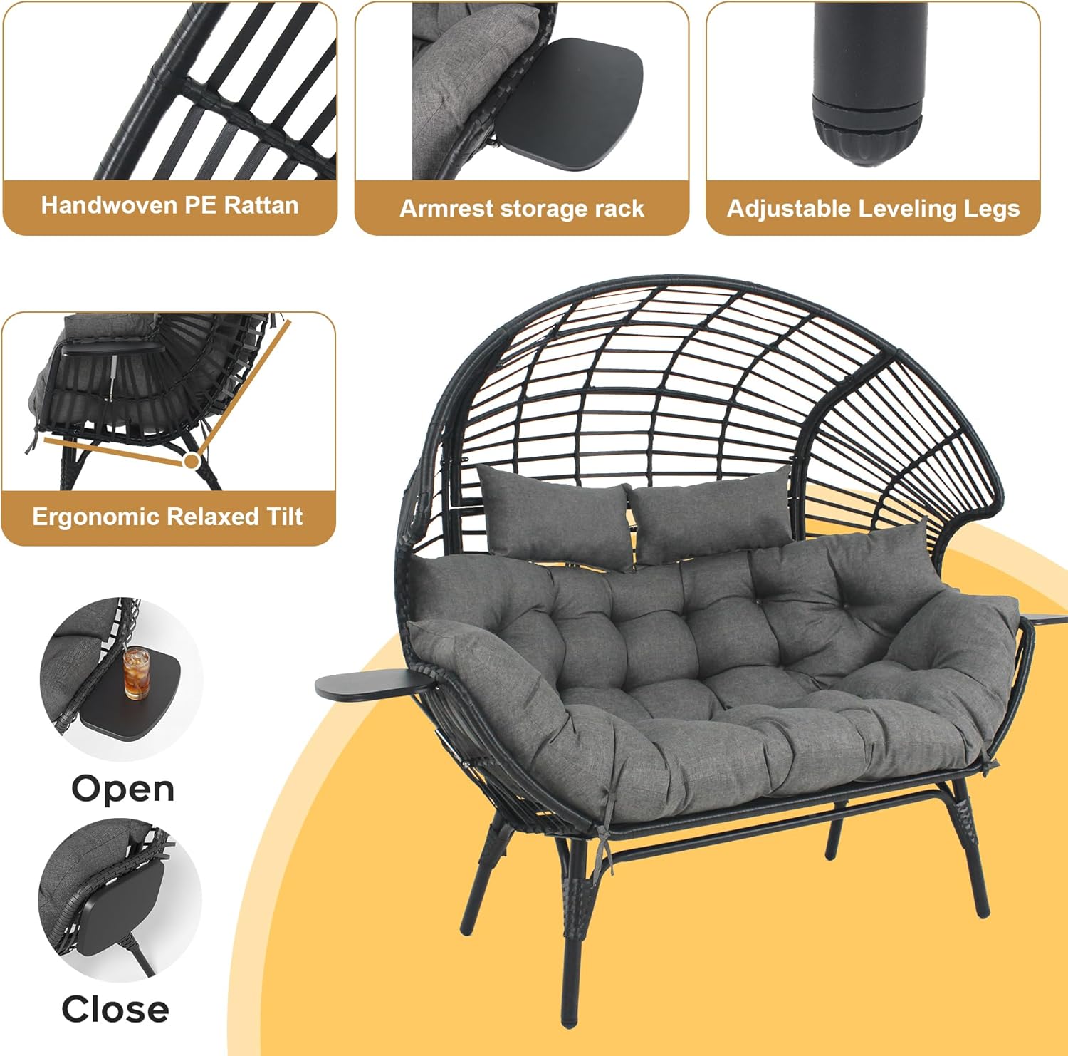 Double Egg Chair Outdoor Indoor 2 Person Wicker Egg Lounge Chair with Foldable Cup Holder Cushion Rain Cover Patio Oversized Loveseat for Balcony Porch Backyard