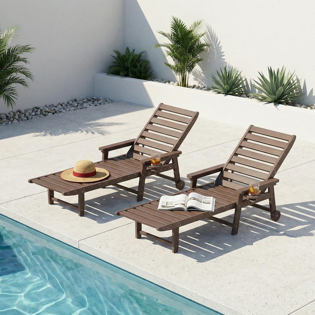 5-Position Adjustable Lounge Chair Outdoor Set of 2, HDPE Outdoor Chaise Lounge with Cup Holder & Wheels, Pool Lounge Chairs for Poolside, Beach, Deck, Brown
