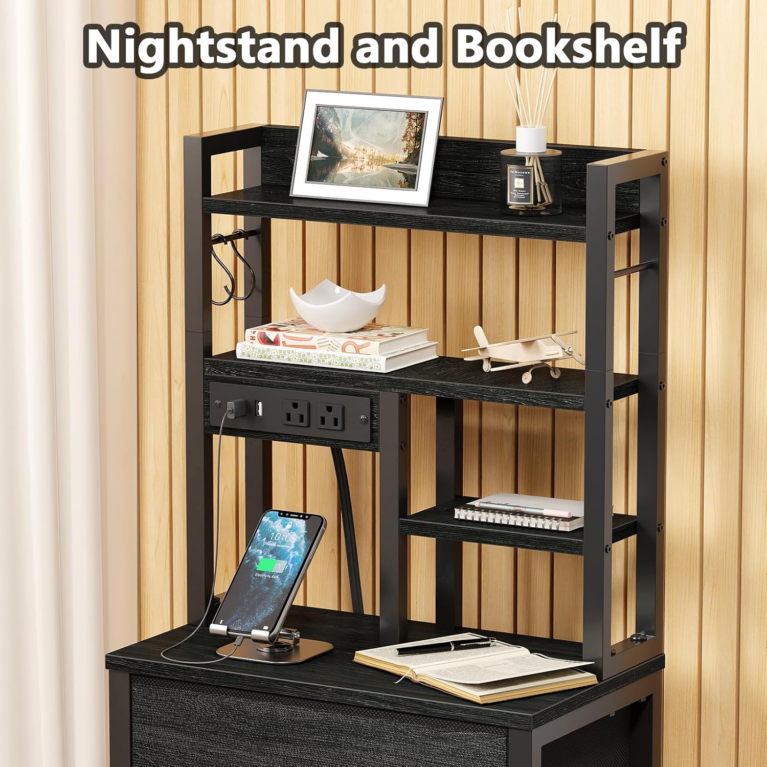 Furnulem Tall Nightstand, LED Night Stand with Charging Station | USB Ports, 4 Fabric Drawers and 4 Tier Storage Shelf, Nightstands Bedside Tables for Bedroom, Dorm, Office (Black Oak)