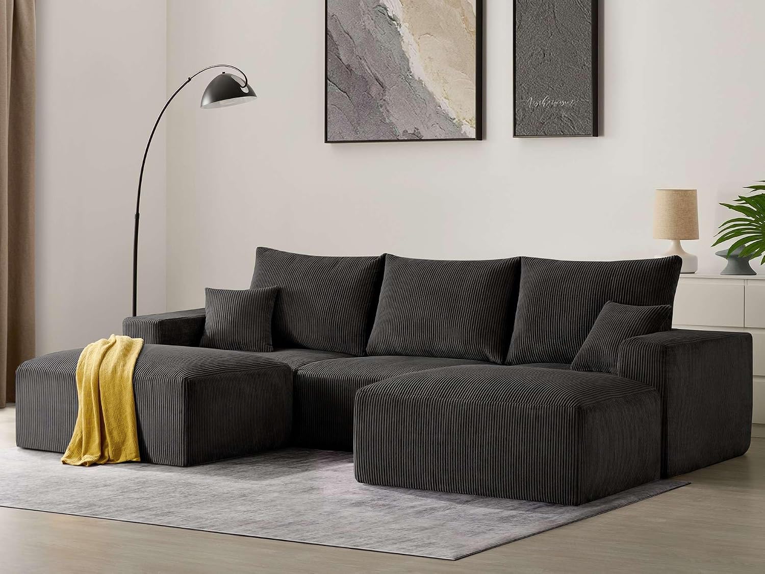 Living&Giving Boneless Couch Sectional Couch for Living Room, 113" Large Capacity Adjustable U-Shaped Modular Sofa, No Assembly Soft Corduroy Sofa Set for Bedroom, Playroom (Black)