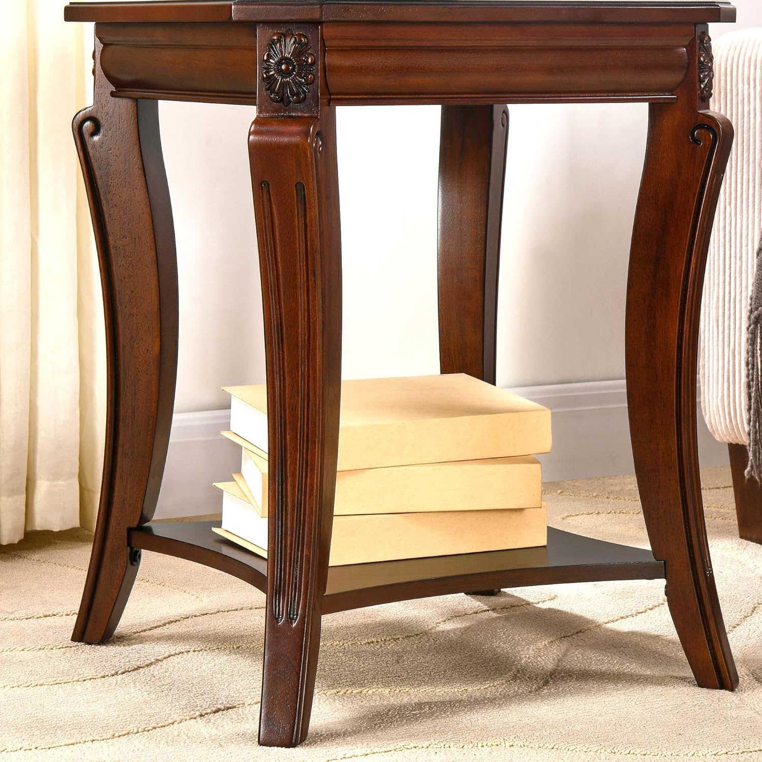 LEEMTORIG Solid Wood End Table for Living Room, 2-Tier Square Cherry Wood Nightstand, Mid Century Queen Anne Style Antique Side Table, 19.7" D x 19.7" W x 23.8" H, Cherry Walnut CJZ-A1168-WD