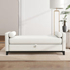 KEIKI Upholstered End of Bed Storage Bench, 66" Modern Bedroom Bench Indoor Bench with 2 Bolster Pillows, Entryway Bench with Solid Wood Frame for Bedroom Living Room, Beige+Black