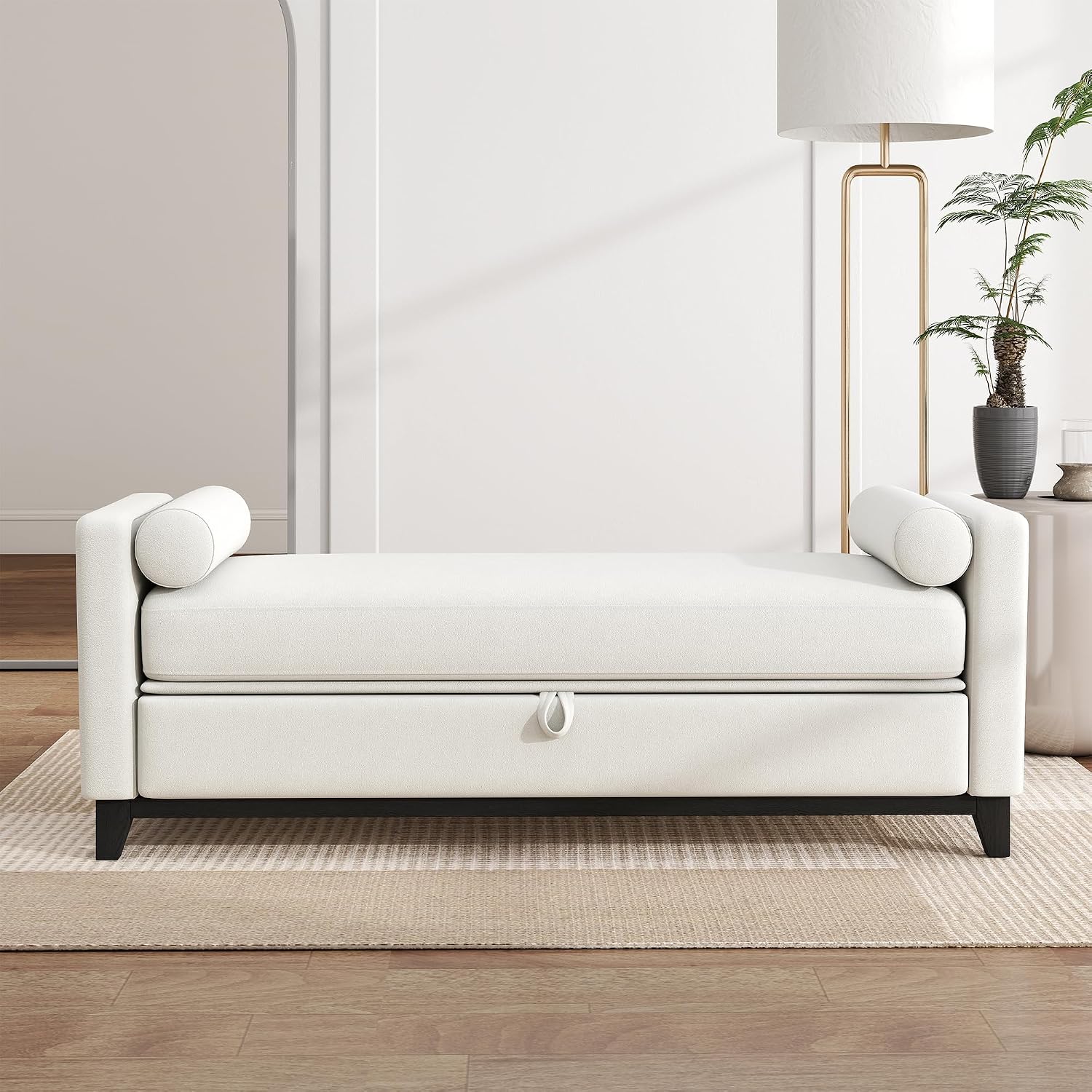 KEIKI Upholstered End of Bed Storage Bench, 66" Modern Bedroom Bench Indoor Bench with 2 Bolster Pillows, Entryway Bench with Solid Wood Frame for Bedroom Living Room, Beige+Black