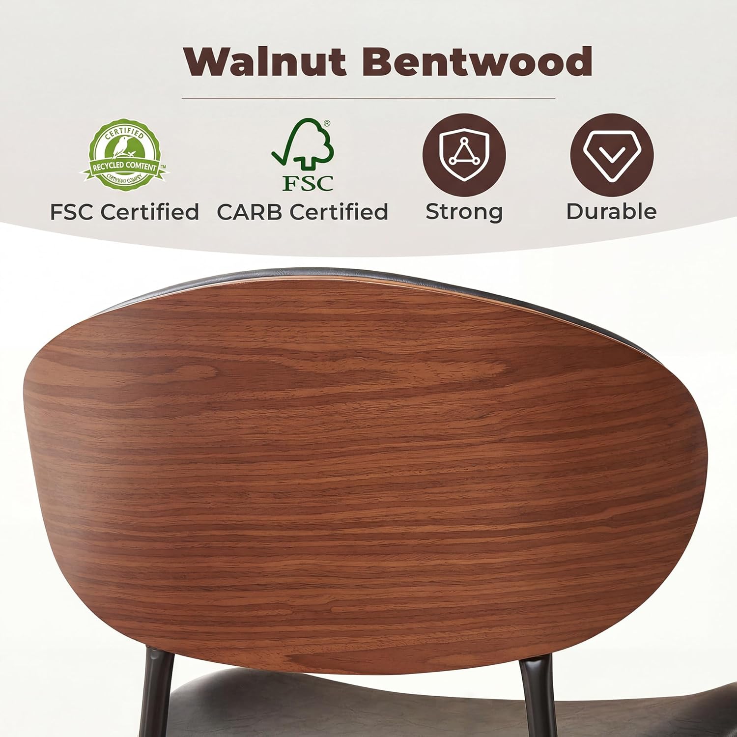 BedsPick Mid-Century Modern Dining Chairs Set of 4, PU Leather Upholstered Dining Room Chairs with Walnut Grain Back, Bentwood Kitchen Chairs with Adjustable Feetpads for Dining Room, Kitchen, Black