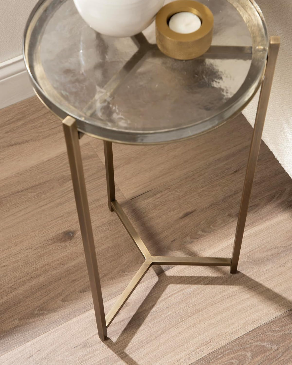 Kate and Laurel Aguilar Modern Round Side Table, 13 x 13 x 24, Clear Glass and Antique Brass, Textured Circle Glass End Table for Use as Living Room Accent Table or Unique Bedroom Nightstand
