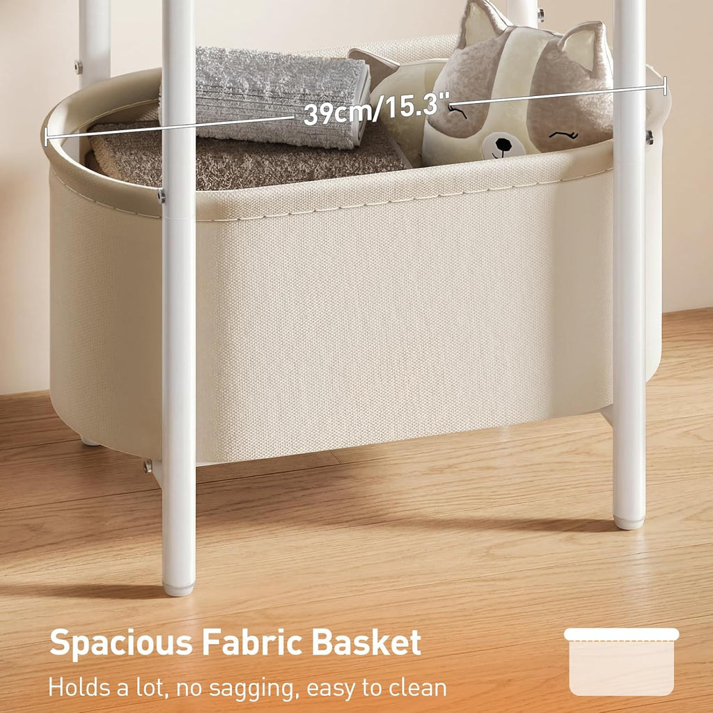 RALGEND Small Round Side Table with Fabric Basket Storage, Oval End Table for Small Spaces, Modern Coffee Bedside Table, Couch Side Table for Living Room, 15.7" X 11.8" X 24", White and Beige 8601BZWT