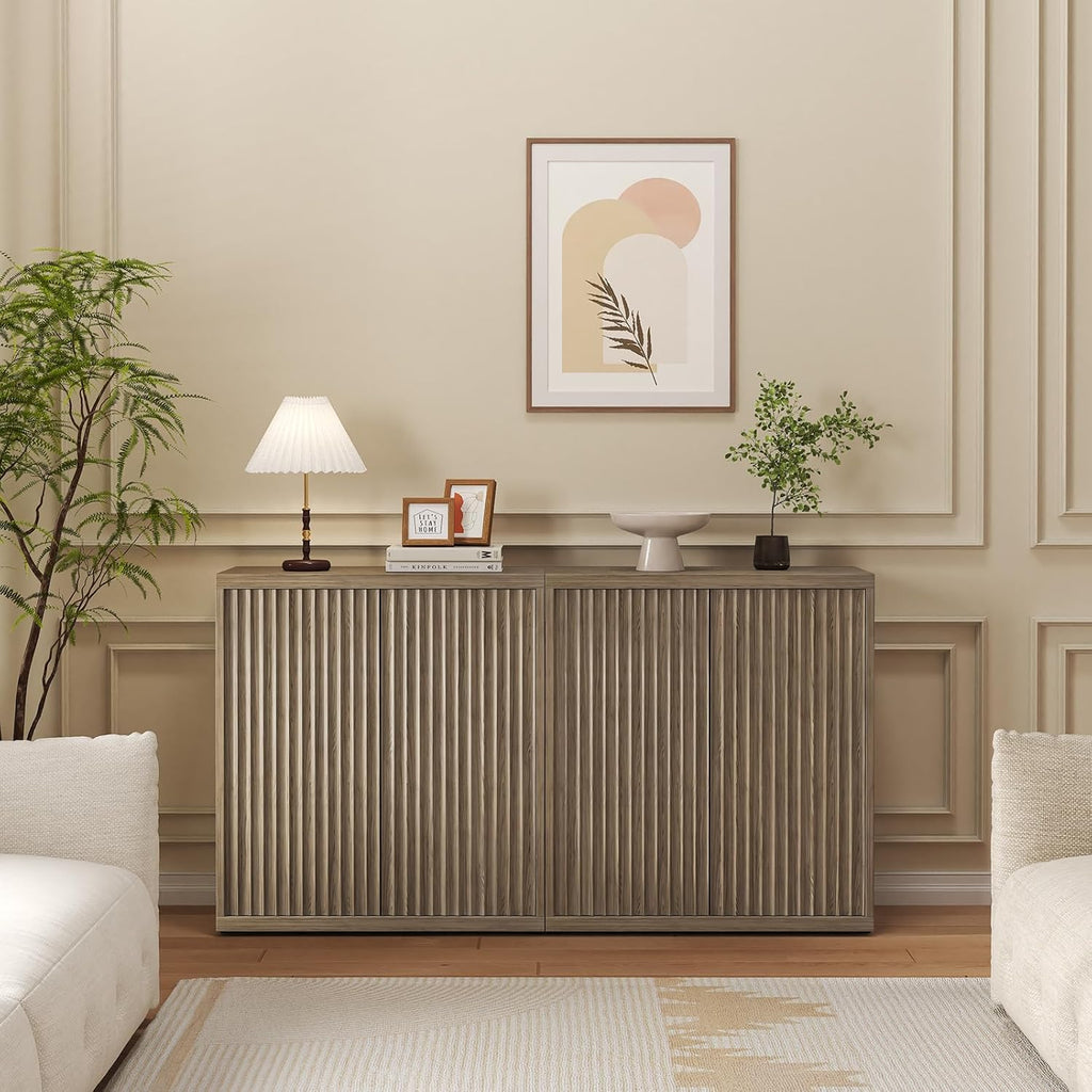 Airynee 31” Sideboard Cabinet with Storage, Fluted Accent Cabinet with Adjustable Shelves, Modern Wood Credenza Cabinets with Pop-up Doors for Entryway Kitchen Living Room Hallway, Brown 3 Pcs
