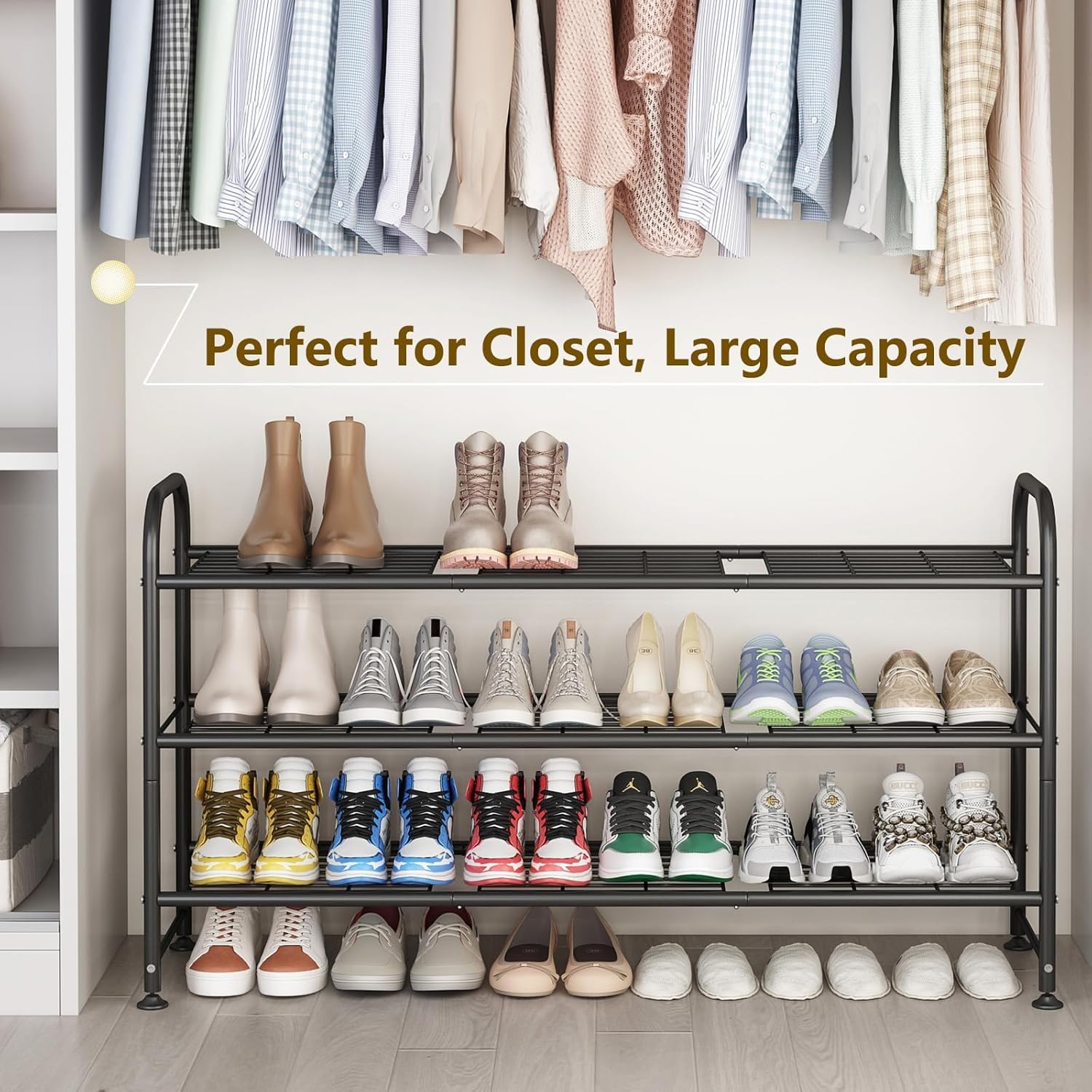 LINZINAR Shoe Rack Long 3 Tier Metal Shoe Organizer Metal Wide Shoe Shelf for Closet Entryway Bedroom Large Capacity Black