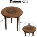 TUP THE URBAN PORT AMA 22 Inch Side End Table, Round Top, Indian Mandala Floral Carving, 3 Legs, Brown Mango Wood