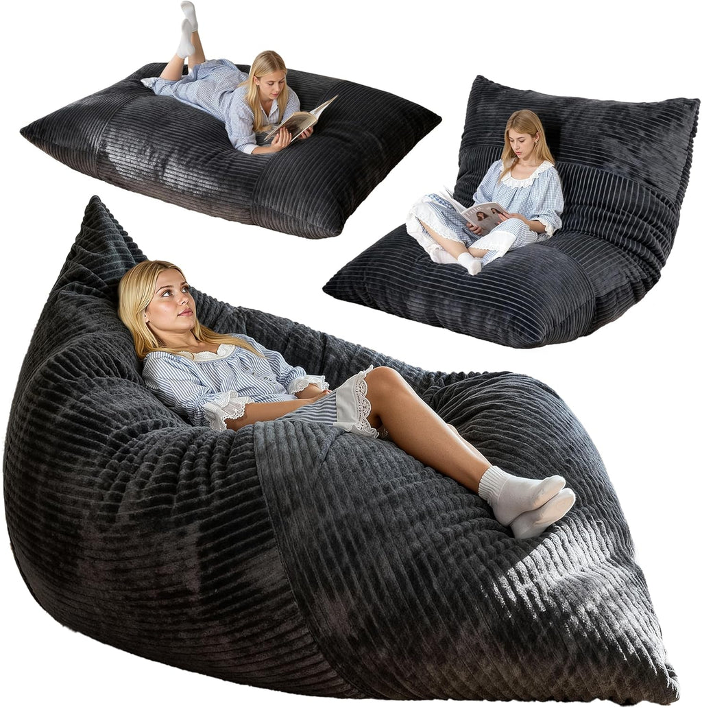 nalone 6.4 FT Giant Bean Bag Chair for Adults, 4 in 1 Memory Foam Filled Beanbag Chair, Floor Sofa Bed with Fluffy Washable Flannel Cover, Lounge Couch for Bedroom, Living Room (Grey)