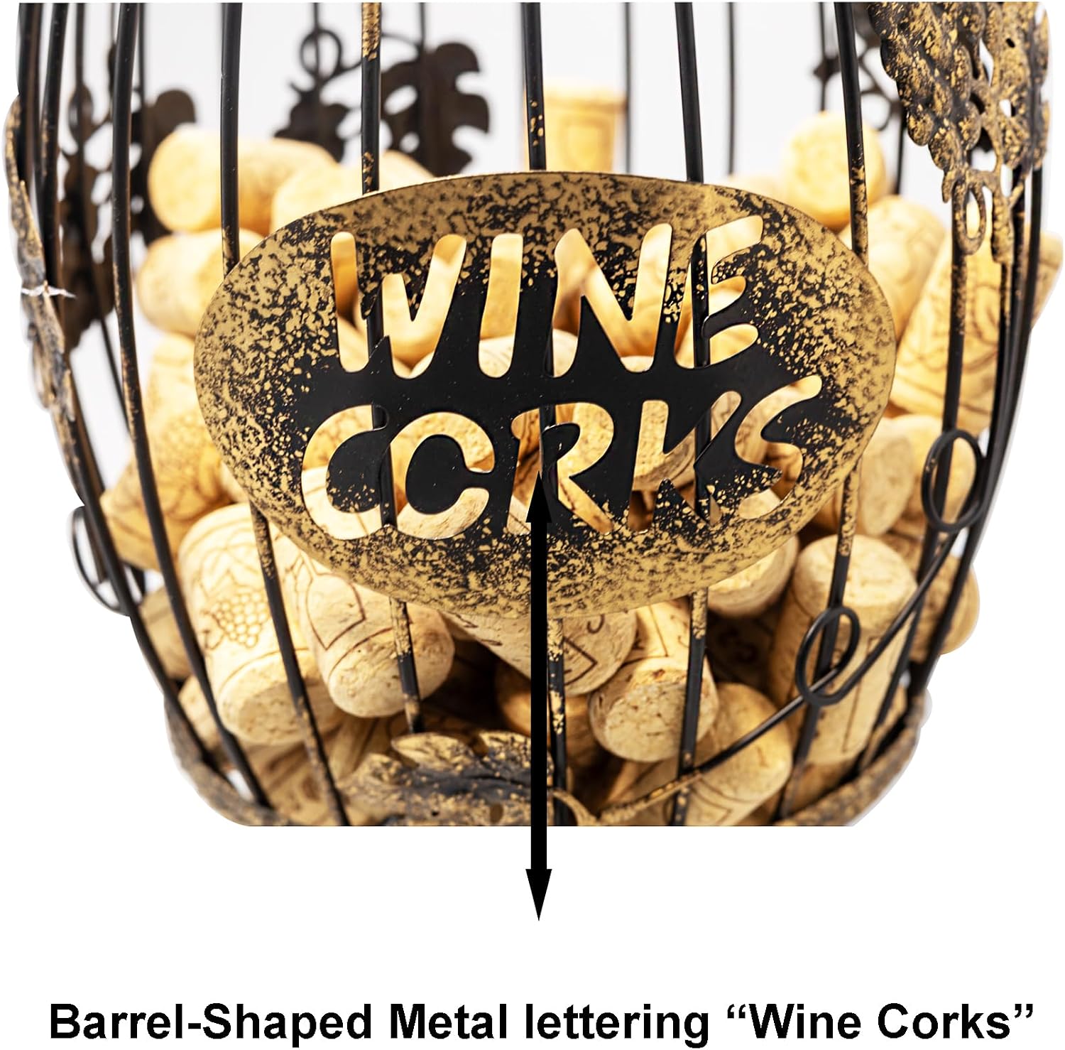Wine Cork Holder for Countertop or Cabinet, Barrel-Shaped Metal Cork Holder Holds Up to 227 Wine and Champagne Corks, Storage Organizer with Open Top and Non-Slip Base for Bar Area Kitchen