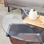 Round Glass Coffee Table, 33.4 Inch Clear Tempered Glass Top Coffee Table with Walnut Crossed Legs, Modern Small Glass Center Table for Living Room Home