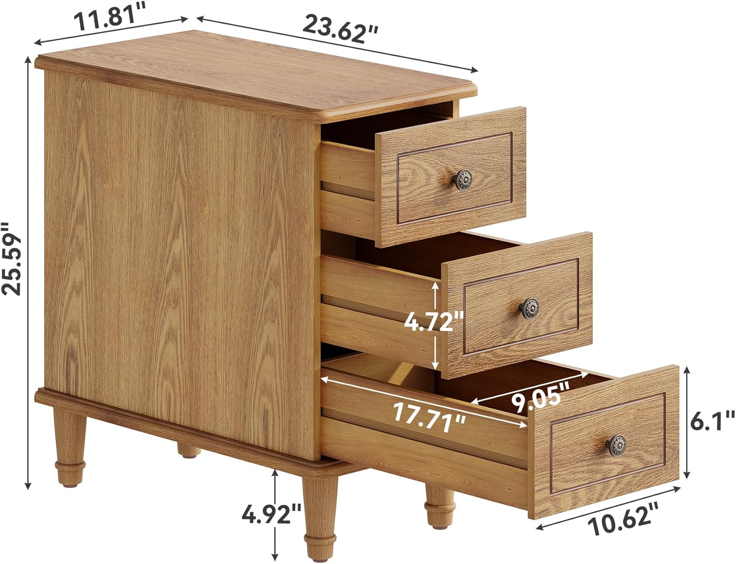 LITTLE TREE Fully Assembled End Table, Set of 2, Narrow Bedside Table with 3 Drawers, Vintage Nightstand for Small Spaces, Living Room, Bedroom, Natural Color