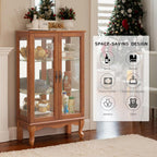 44" Small Lighted Glass Accent Curio Cabinet, Vintage China Cage with 2 Tempered Glass Doors & Adjustable Shelves, Acrylic Mirrored Pane, Elegant Wine Artwork Showcase Rack for Living Room (Dark Oak)