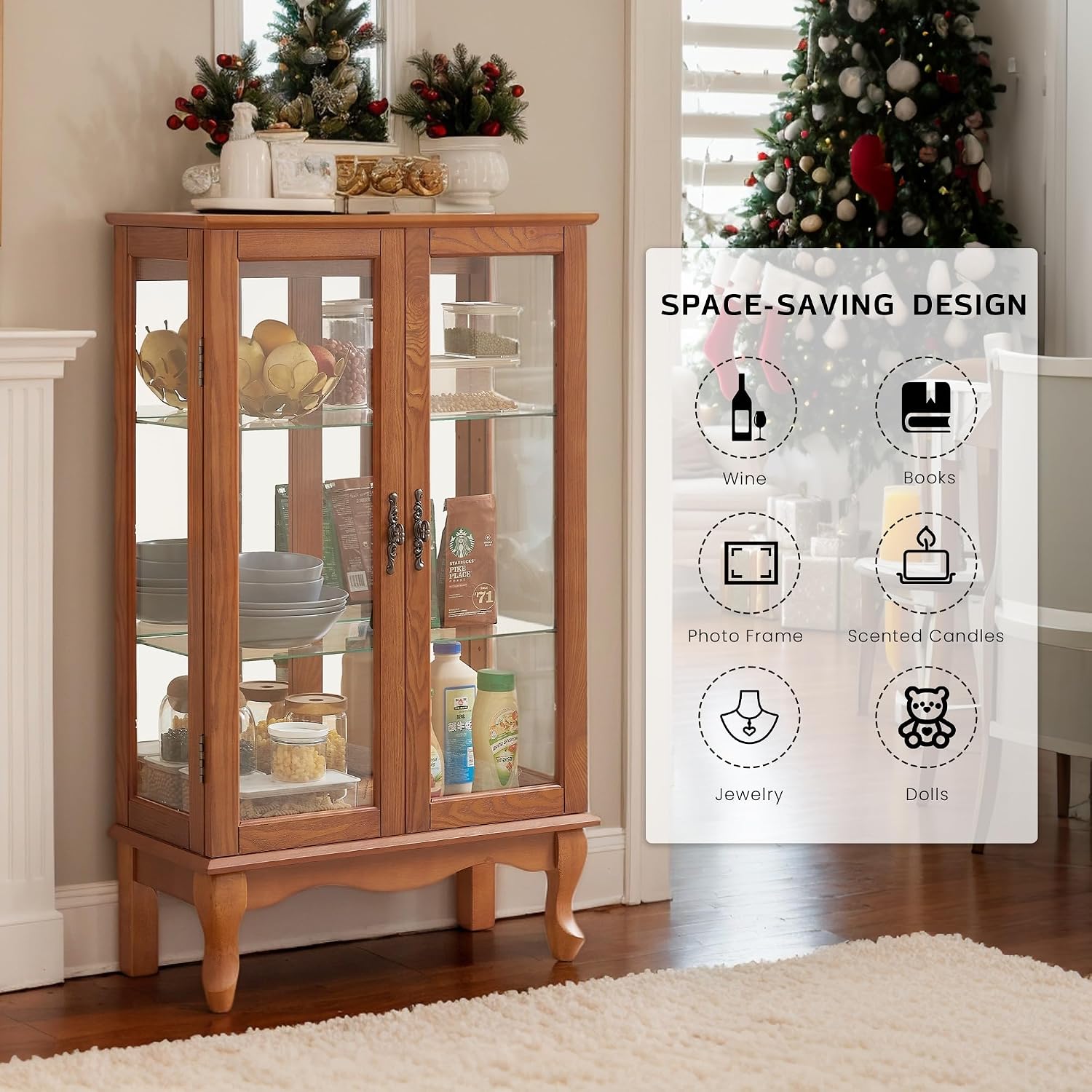 44" Small Lighted Glass Accent Curio Cabinet, Vintage China Cage with 2 Tempered Glass Doors & Adjustable Shelves, Acrylic Mirrored Pane, Elegant Wine Artwork Showcase Rack for Living Room (Dark Oak)