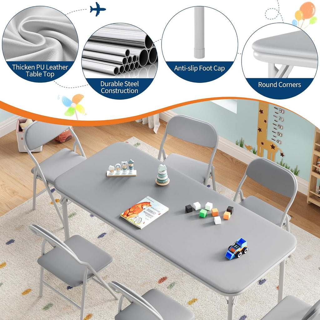 IDEALHOUSE 7 Piece Folding Kids Table and Chairs Set, Children Activity Table and Chairs Set for Dining Room,Daycare,Classrooms