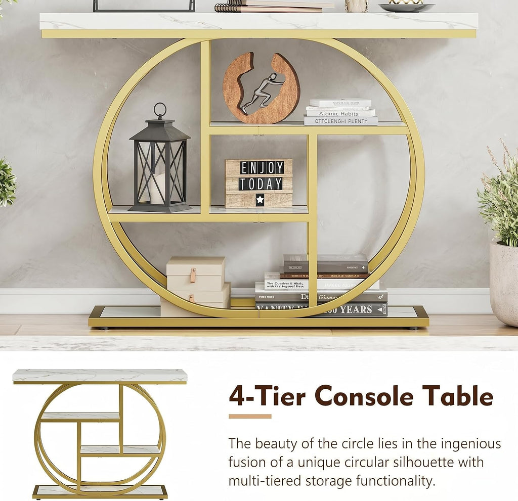41.3" Console Table, Modern Sofa Table with Circle Base, 4-Tier Narrow Entryway Table for Hallway, Slim Industrial Accent Table with Storage Shelves for Living Room, White & Gold