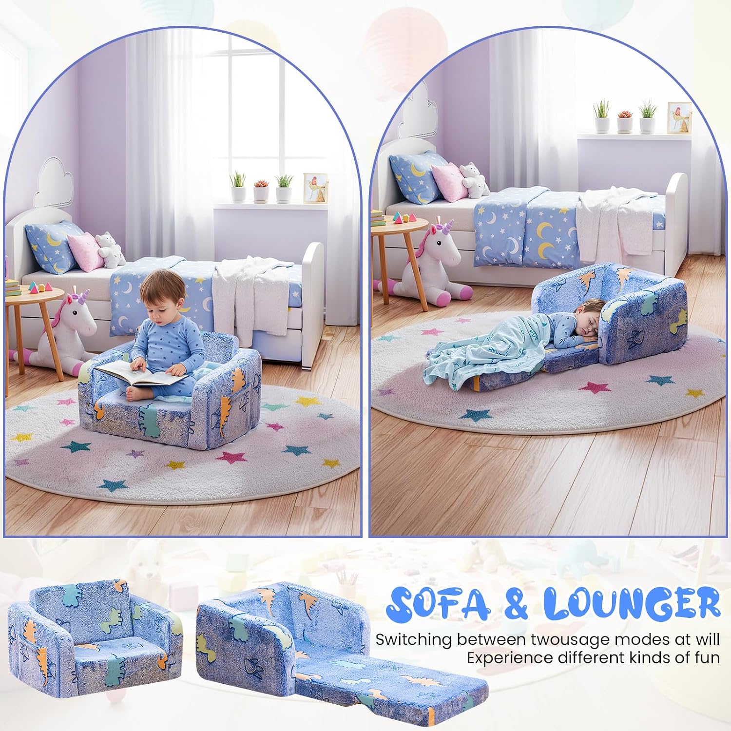 Lamerge 2-in-1 Soft Toddler Couch Fold Out,Foldable Toddler Chair, Glow in The Dark Kids Sofa for playroom,Convertible Foam and Floor Cushion for Boys and Girls (Blue and Dinosaur)