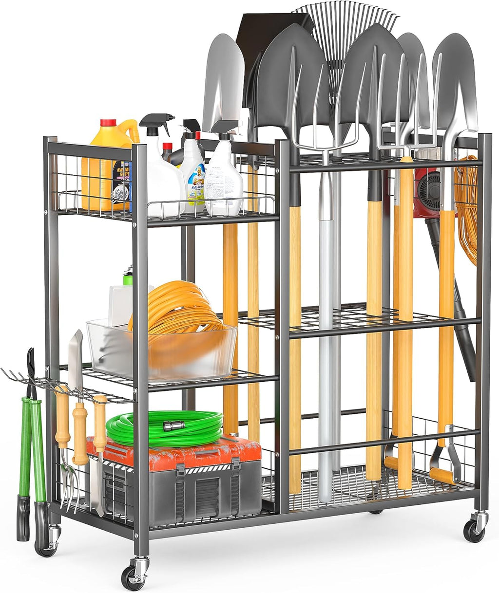 Ultrawall Garden Tool Organizer with Lockable Wheels, Yard Tool Storage Rack for Garage, Garden Tool Stand for Rake, Brooms, Indoor & Outdoor Use