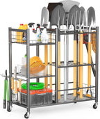 Ultrawall Garden Tool Organizer with Lockable Wheels, Yard Tool Storage Rack for Garage, Garden Tool Stand for Rake, Brooms, Indoor & Outdoor Use