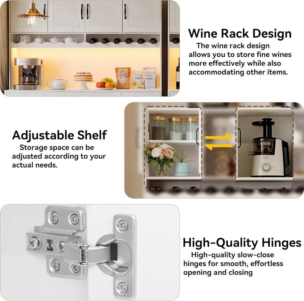 White 72" Tall Kitchen Pantry Cabinet with Charging Station 55" Wide Kitchen Hutch Cabinet with LED Light and Countertop Large Kitchen Cabinet with Adjustable Shelves and Wine Rack
