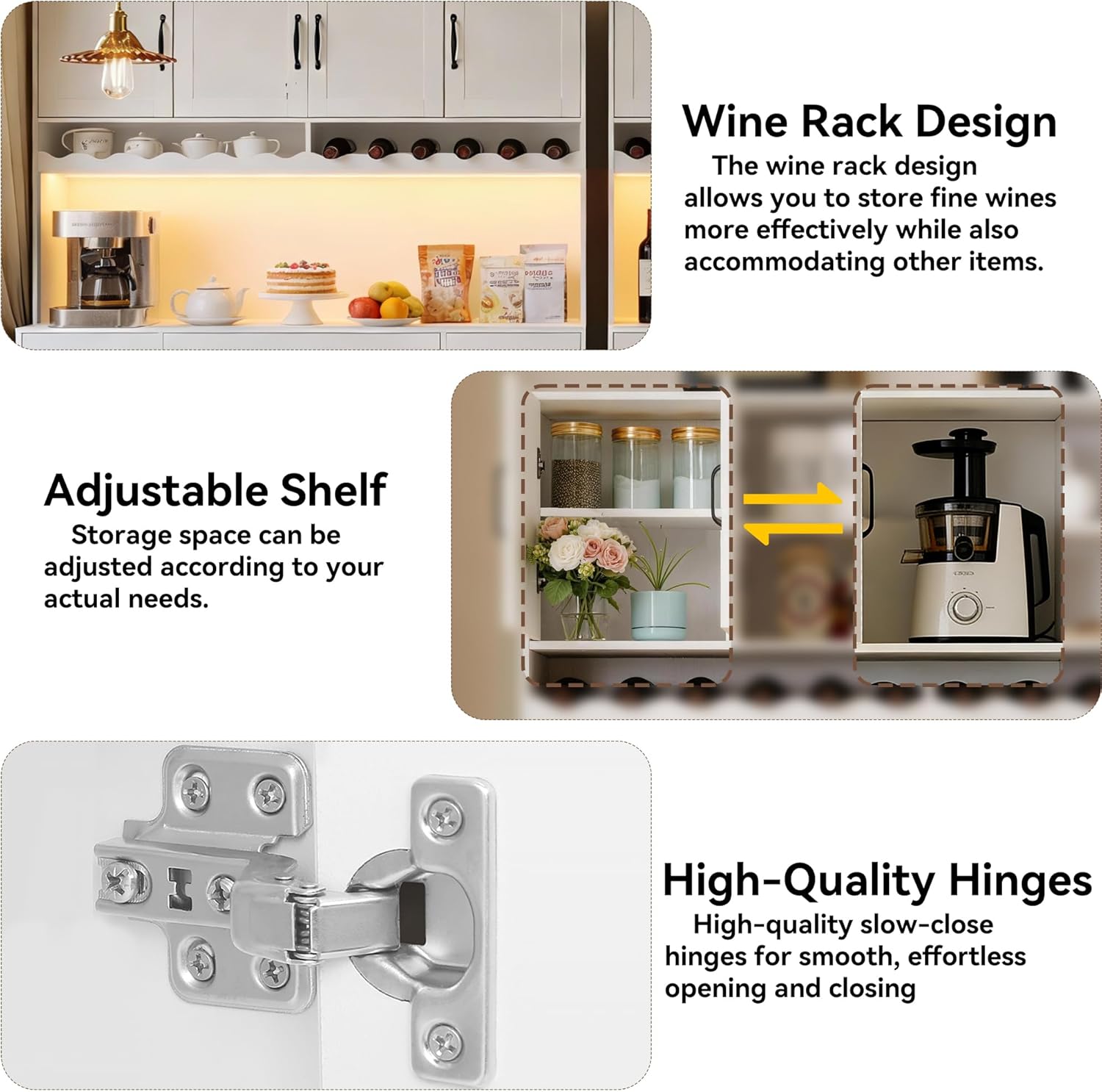 White 72" Tall Kitchen Pantry Cabinet with Charging Station 55" Wide Kitchen Hutch Cabinet with LED Light and Countertop Large Kitchen Cabinet with Adjustable Shelves and Wine Rack