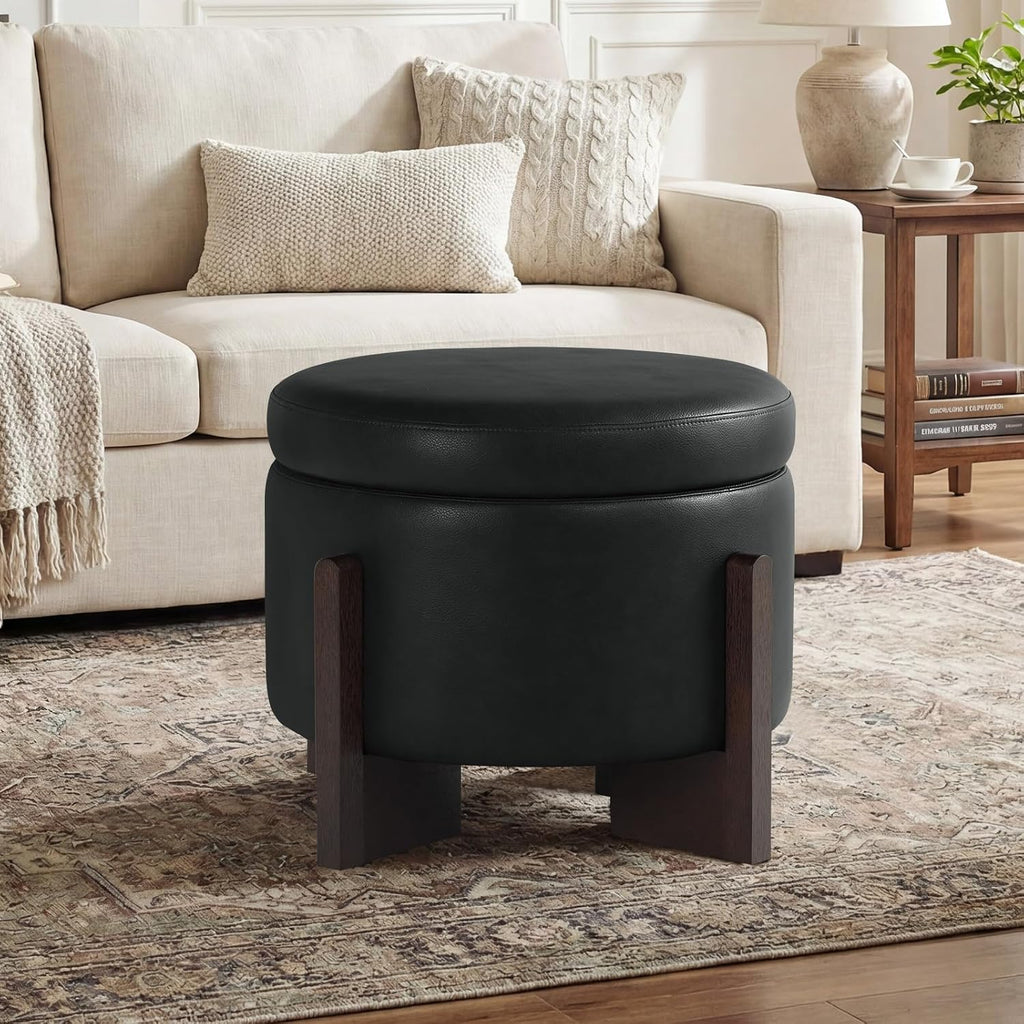 Faux Leather Round Ottoman, 22 Inch Storage Ottoman,PU Leather Ottoman,Multi-Functional Footrest for Living Room & Bedroom,Apartments (Black, Round)