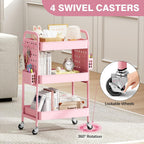 KINGRACK 3 Tier Rolling Cart with DIY Pegboard, Metal Utility Cart with Wheels, Hooks & Baskets, Sturdy Storage Organizer for Craft, Bathroom, Kitchen, Office, Nursery, Classroom(Pink)