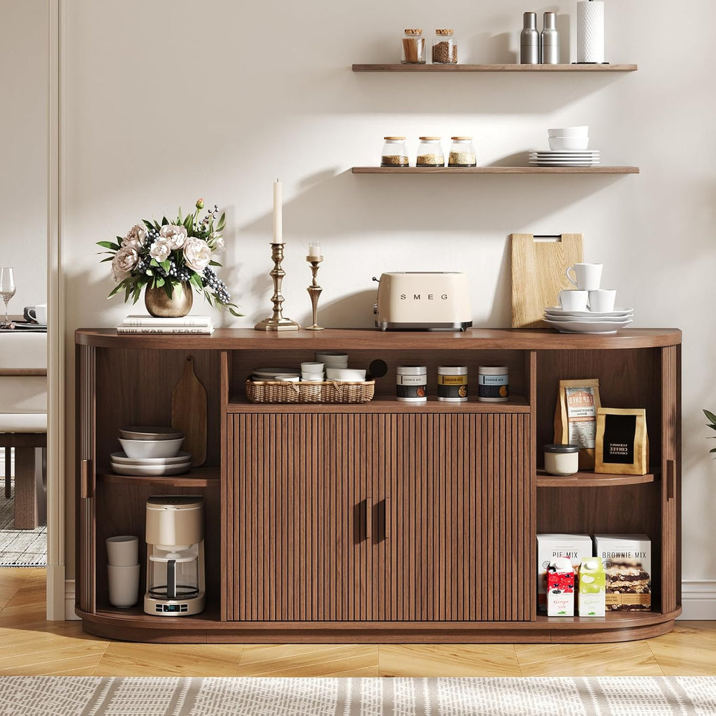 63" Sideboard Buffet Cabinet with Storage, Modern Fluted Accent Credenza with Sliding Doors, Drawers and Adjustable Shelves, Wood Coffee Bar Console Table for Kitchen, Living Room, Enrtyway (Walnut)