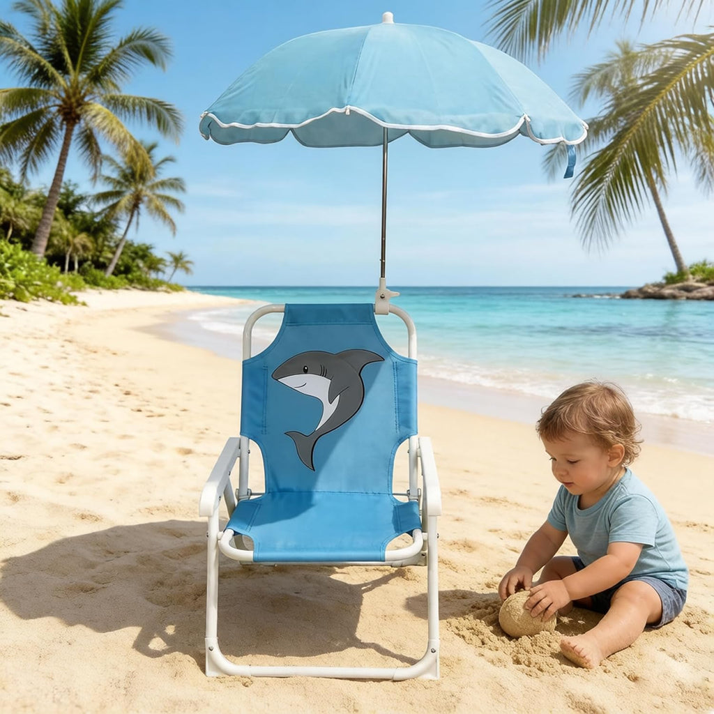 Foldable Toddler Lawn Chair with Umbrella - Lightweight Cartoon Shark Baby Beach Chair, Blue, 27.56×19.49 Inch