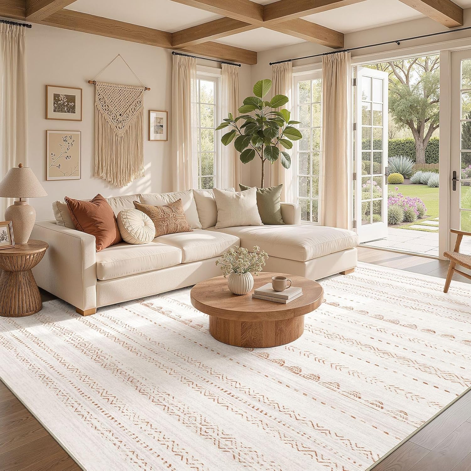 Nakagishi Area Rug Living Room Rugs: 5x7 Large Soft Machine Washable Boho Moroccan FarmNeutral Stain Resistant Indoor Floor Carpet for Bedroom Under Dining Table Home Office Decor-Cream Brown