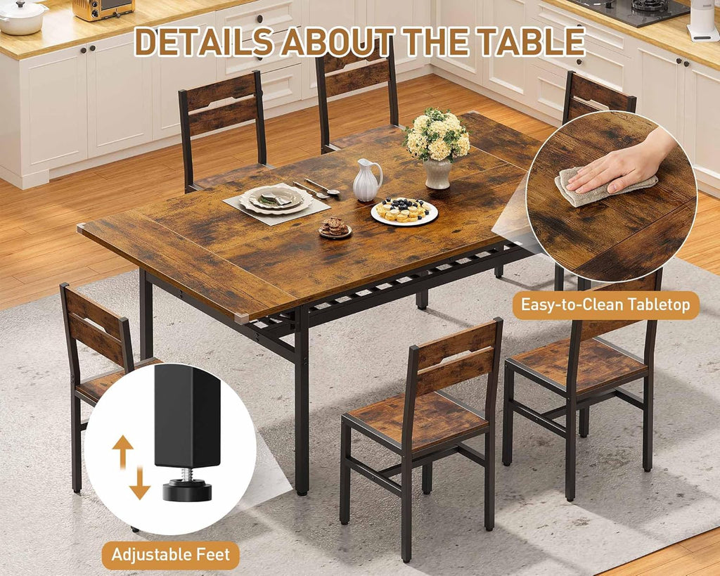 RALGEND 63" Extendable Dining Table for 4-6, Folding Kitchen Table with Drop Leaf, Farmhouse Dining Room Tables with Wine Rack, for Kitchen and Dining Room, Rustic Brown and Black