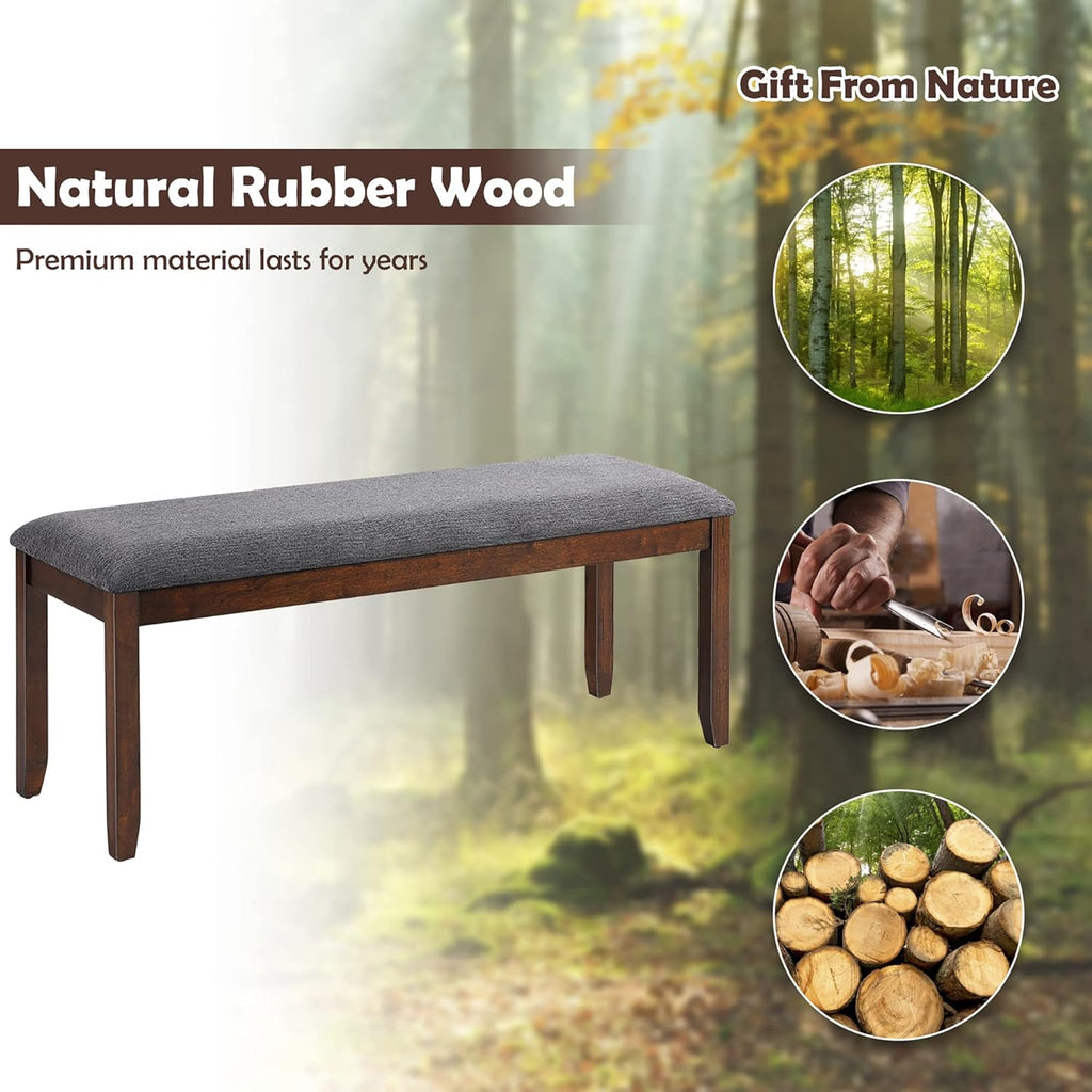 DORTALA Dining Bench, Upholstered Long Bench w/Natural Rubber Wood Legs, Foam-Padded Cushion, Linen Fabric Bench, Rustic Style for Dining Room, Kitchen, Living Room, Grey and Brown