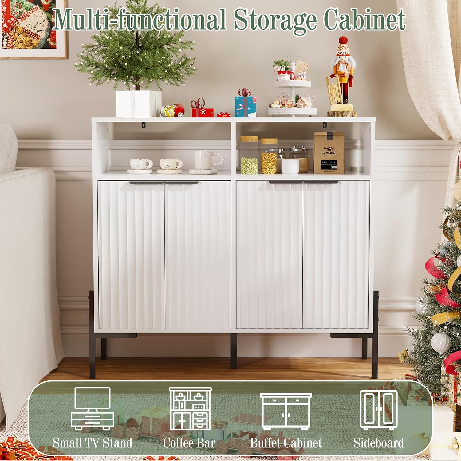 White Buffet Cabinet with Storage, Fluted Storage Cabinet with Doors & Adjustable Shelves, Solid Wood TV Stand Credenza for Kitchen Dining Room, 41"L x 14"D x 37"H Easy Assembly Kitchen Sideboard
