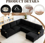 Modular Sectional Sofa Bed with Cup Holders, L-Shaped Pull Out Couch with Storage, Modern Corduroy Sleeper Sofa for Living Room(Black, 7 Seat)