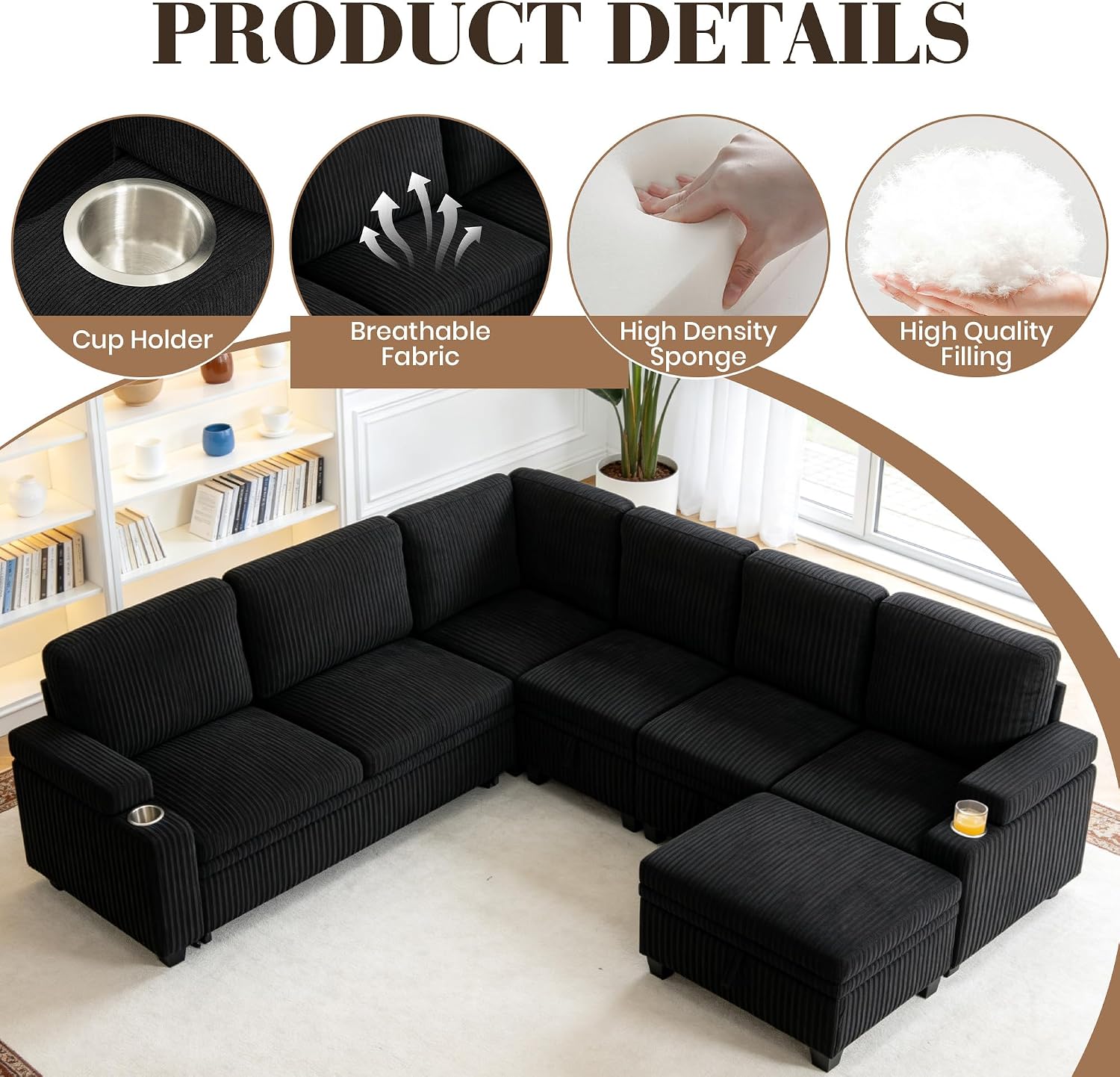 Modular Sectional Sofa Bed with Cup Holders, L-Shaped Pull Out Couch with Storage, Modern Corduroy Sleeper Sofa for Living Room(Black, 7 Seat)