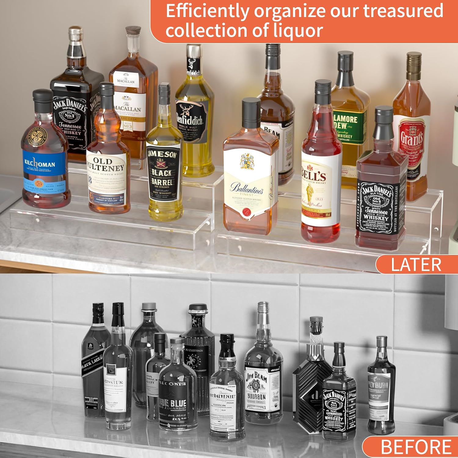 JUESHA 2 Tiers Bar Shelves for Liquor Bottles, 15" Bar Organizer for Countertop, Clear Acrylic Risers Display Racks Stands for Figures Pops Cupcake Perfume Collections (Patent: D1076520S)