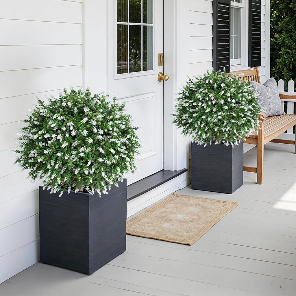 HyeFlora 26'' Artificial Topiary Boxwood Ball Trees with Lavender 2 Pack Fake Plants for Outdoor Indoor Artificial Shrubs with Ground Spike UV Resistant Fake Bushes for Front Porch Garden (White)