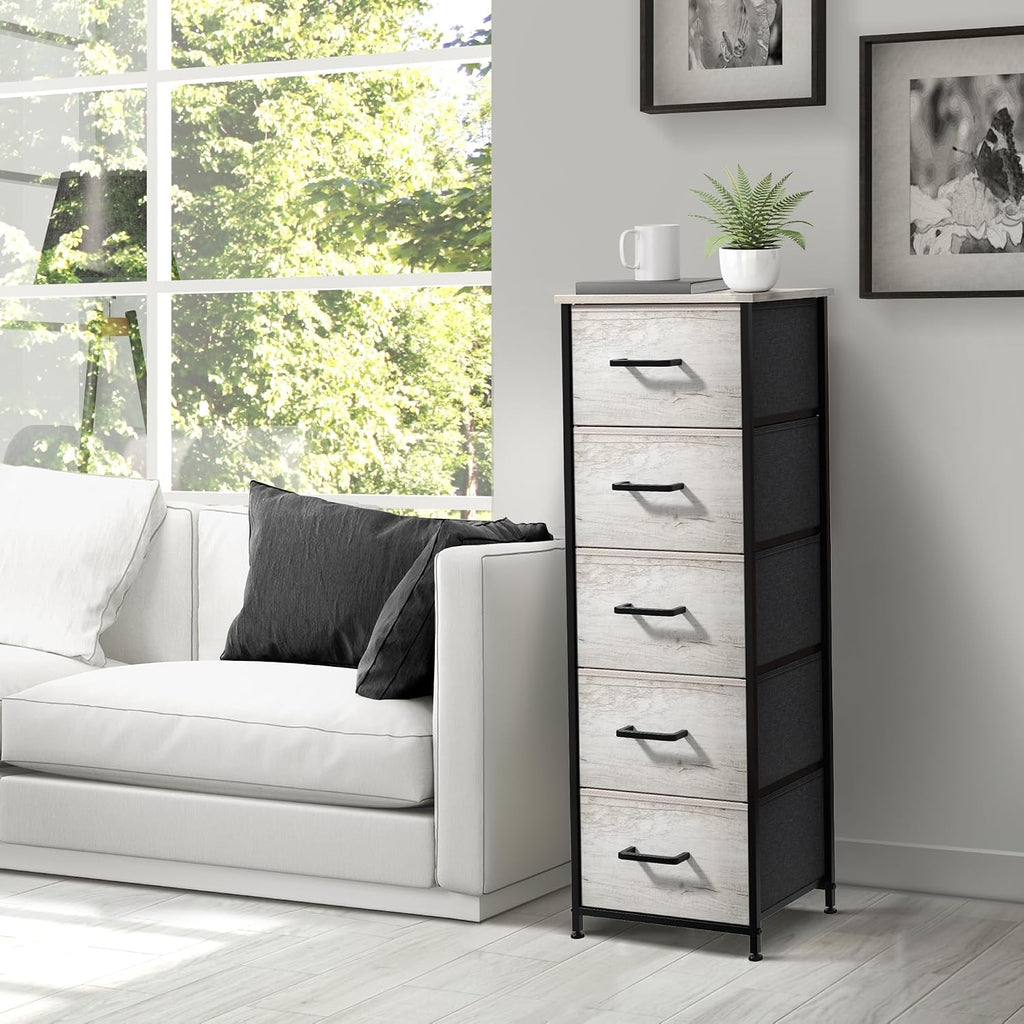 Sorbus Nightstand Dresser with 5 Faux Wood Drawers – Tall Bedside Table Chest with Storage, Steel Frame, Wood Top, Easy Pull Fabric Bins for Bedroom, Living Room, Closet & Dorm Furniture Lamp Stand