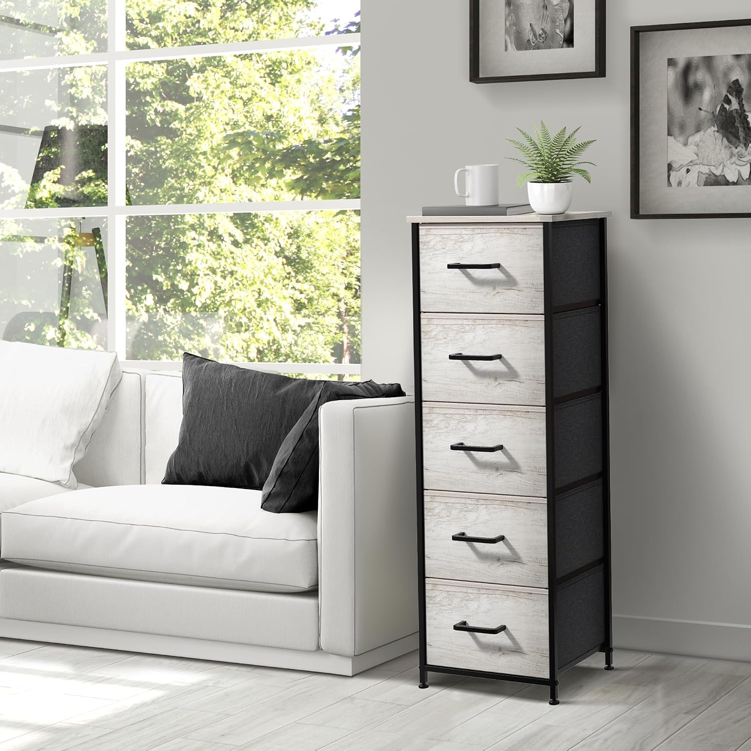Sorbus Nightstand Dresser with 5 Faux Wood Drawers – Tall Bedside Table Chest with Storage, Steel Frame, Wood Top, Easy Pull Fabric Bins for Bedroom, Living Room, Closet & Dorm Furniture Lamp Stand
