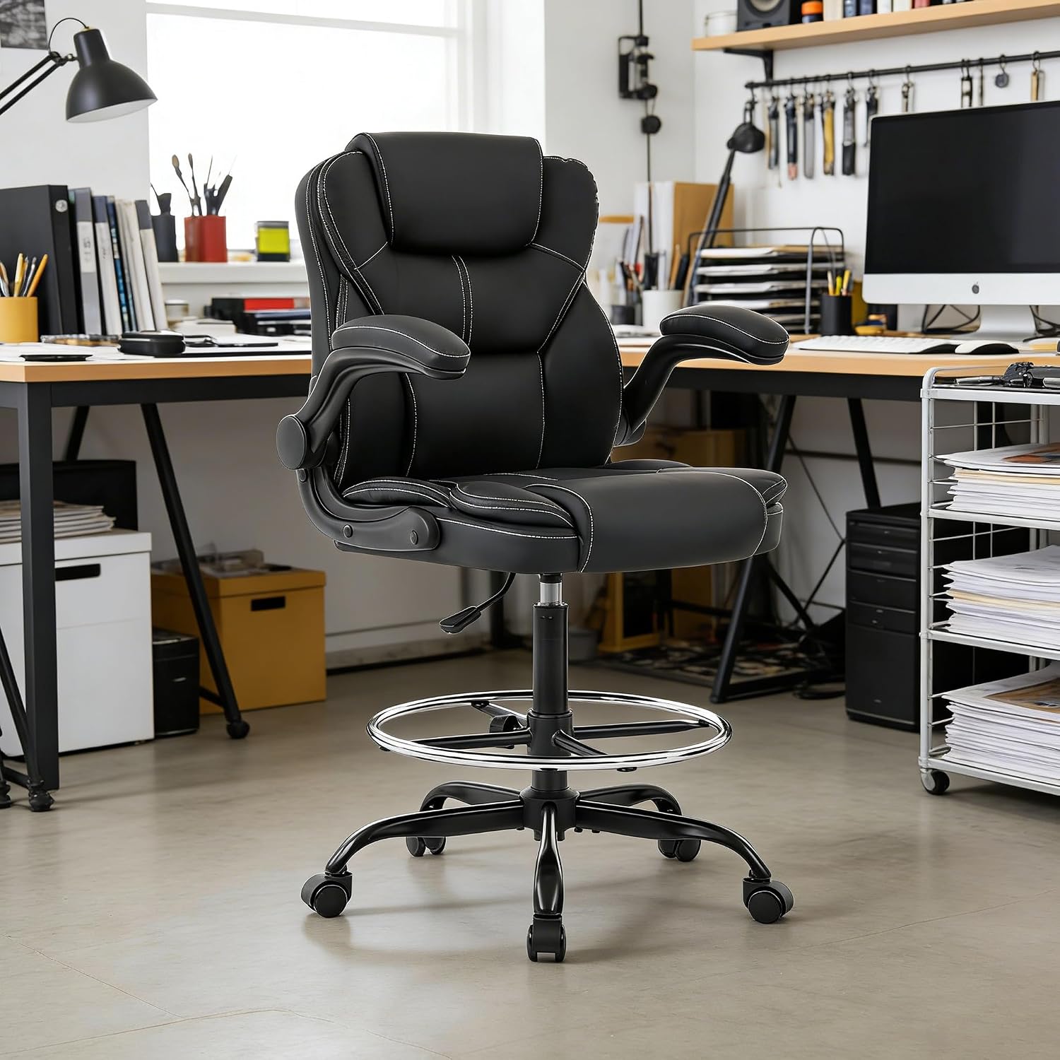 Drafting Chair Tall Office Chair for Standing Desk, 500lbs Heavy Duty Executive Chair with Flip-up Arms, 3D Contoured Leather Desk Chair with Adjustable Foot Ring & Height for Counter Height Desk