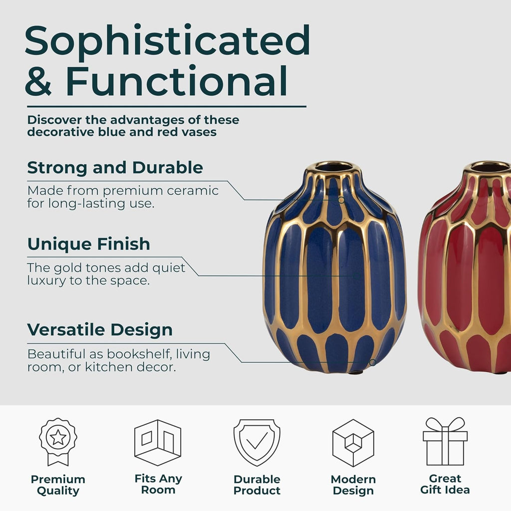 Elegant Ceramic Vase for Living Room Decor and Home Decor Accent - Modern Decorative Flower Vase for Room, Bedroom, or Office Desk - Designed for House and Table Decor - Set of 2, 5", Blue & Red