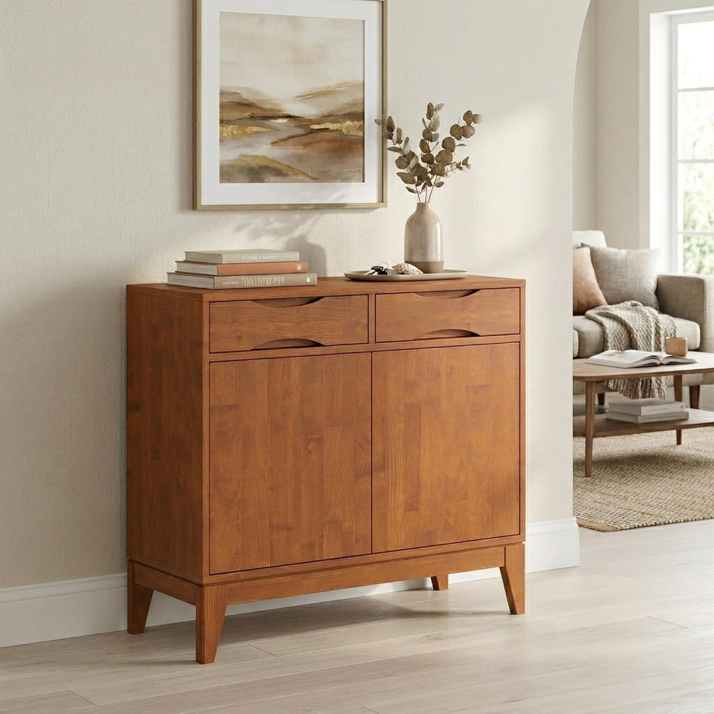 SIMPLIHOME Harper Storage Cabinet - 40 inch Wide Solid Wood Entryway Cabinet in Teak Brown, Mid-Century Modern Accent Storage for Living Room or Hallway with 2 Drawers and Adjustable Shelves
