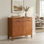 SIMPLIHOME Harper Storage Cabinet - 40 inch Wide Solid Wood Entryway Cabinet in Teak Brown, Mid-Century Modern Accent Storage for Living Room or Hallway with 2 Drawers and Adjustable Shelves